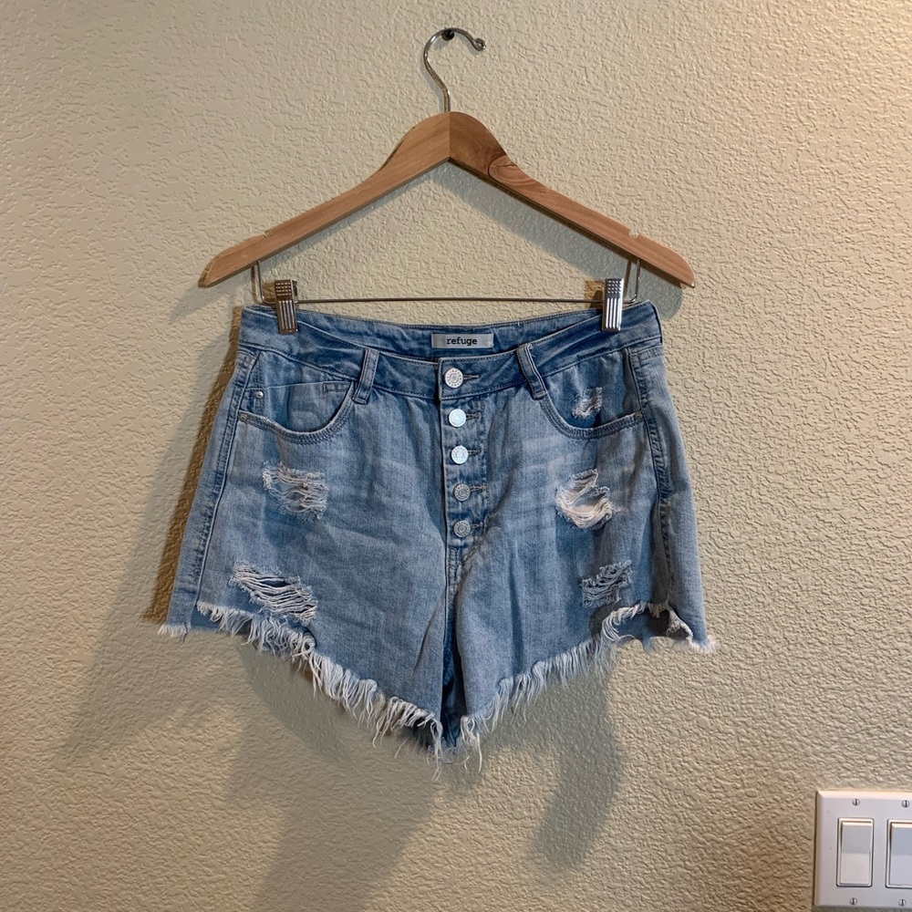 Refuge Blue Jean Shorts Distressed Frayed Hem